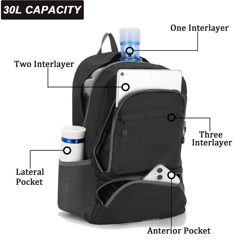 YZAOLL 30L Hiking Backpack Lightweight Day Packs, Packable Backpack for Women Men Travel Camping Vacation,Black