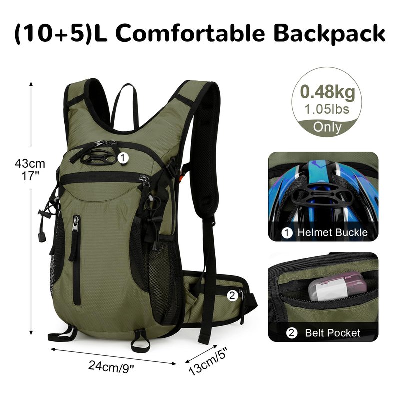 Outplea 15L Cycling Backpack with Helmet Buckle for Men Women, Small Waterproof Lightweight Bike Hiking Backpack with Chest Strap for MTB Biking Climbing, Green