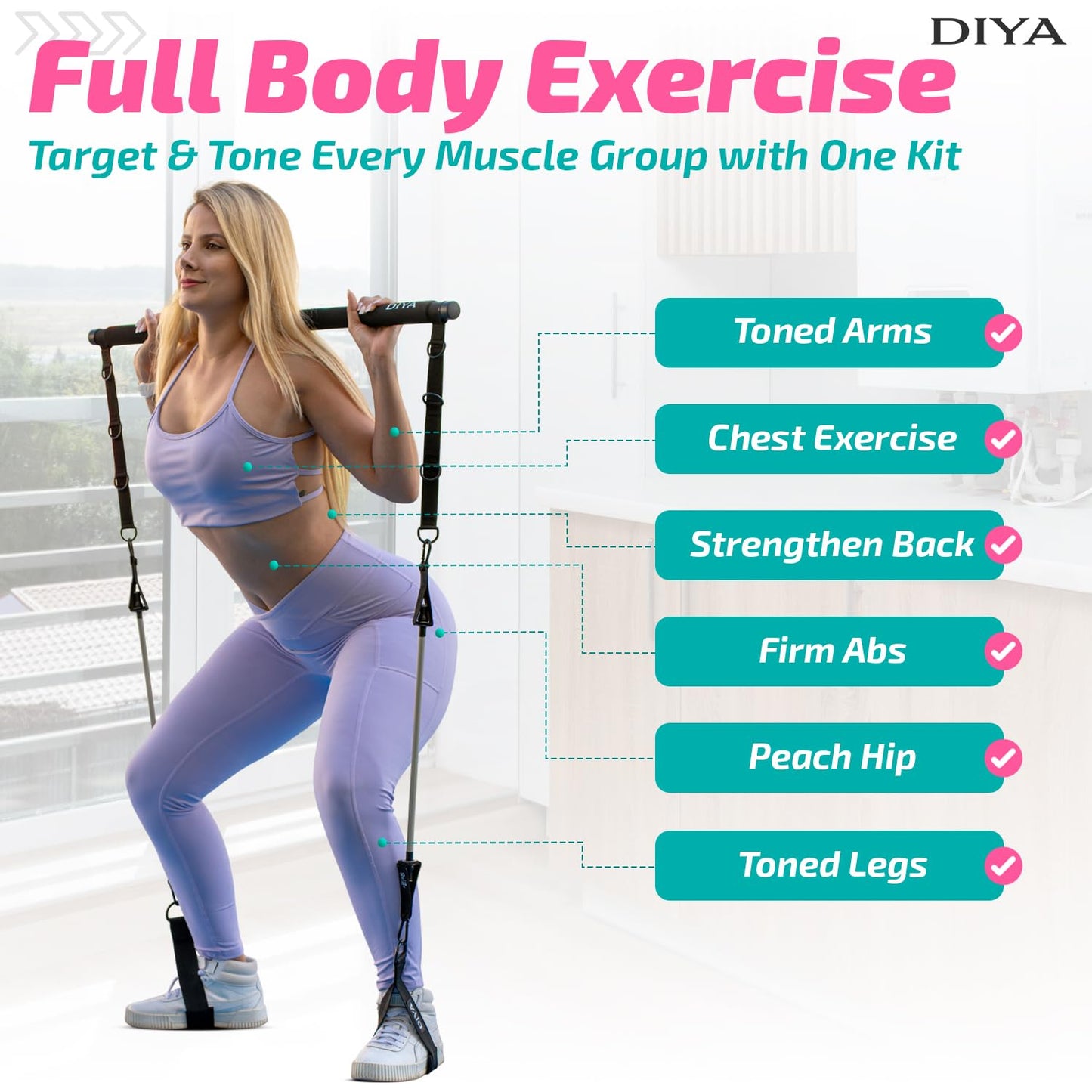 DIYA Pilates Bar Kit with Resistance Bands 140 lbs – Adjustable Portable Home Gym Workout Equipment for Women & Men – Full Body Fitness Bar for Legs, Glutes, Arms, Core & Back