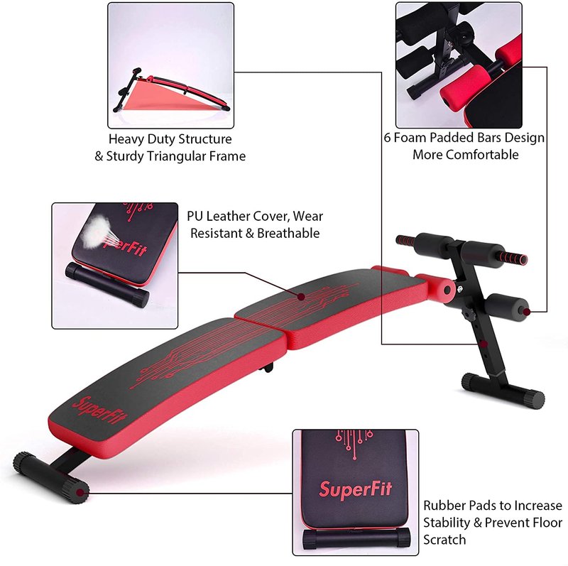 Zimbala Sit Up Bench - Adjustable Utility Slant Board with Reserve Crunch Handle, Abdominal Training Workout Bench for Home Gym (Red)
