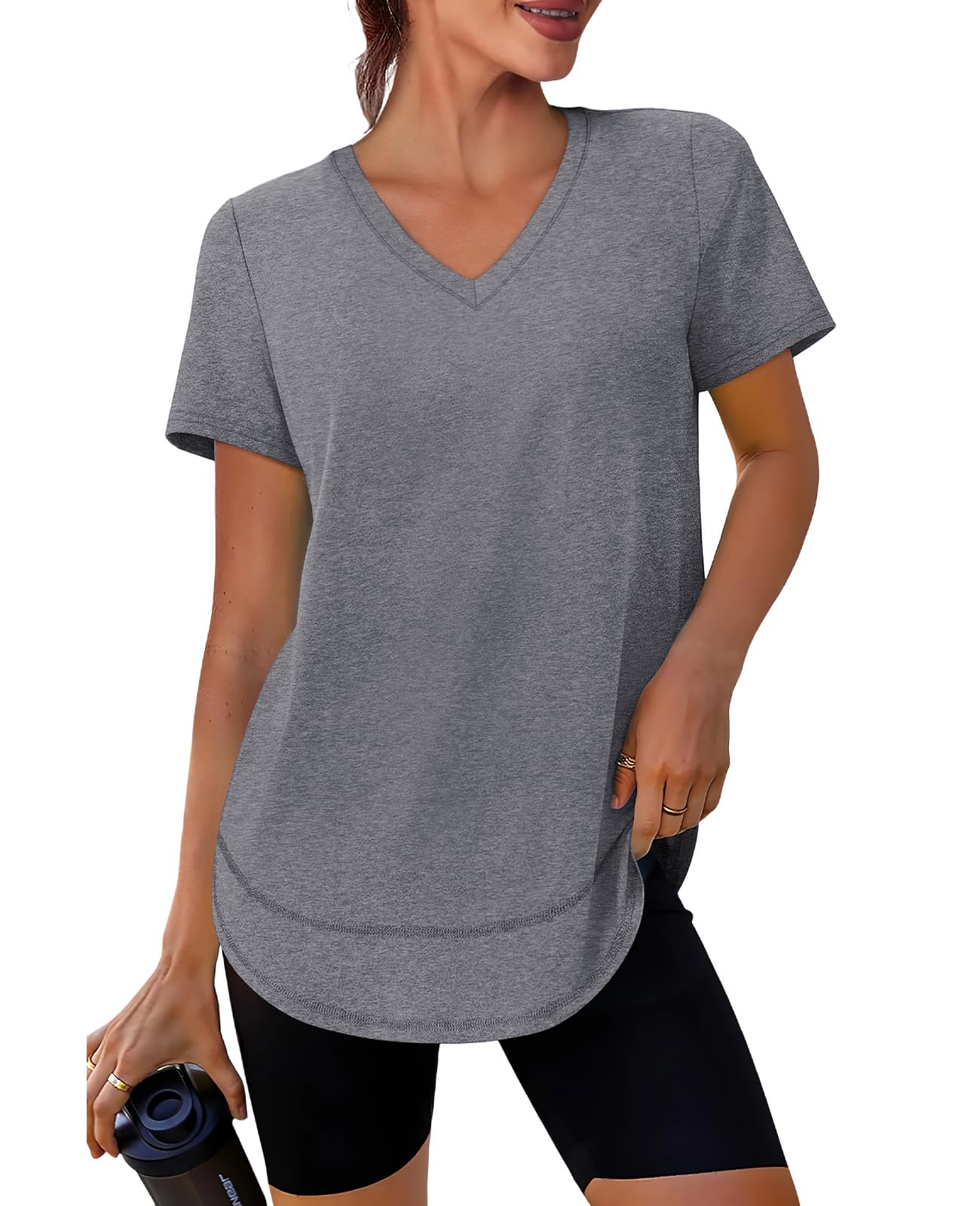 Workout Tops for Women Spring Summer Short Sleeve Golf Outfits Gym Essentials Activewear Running Shirts V Neck Grey S