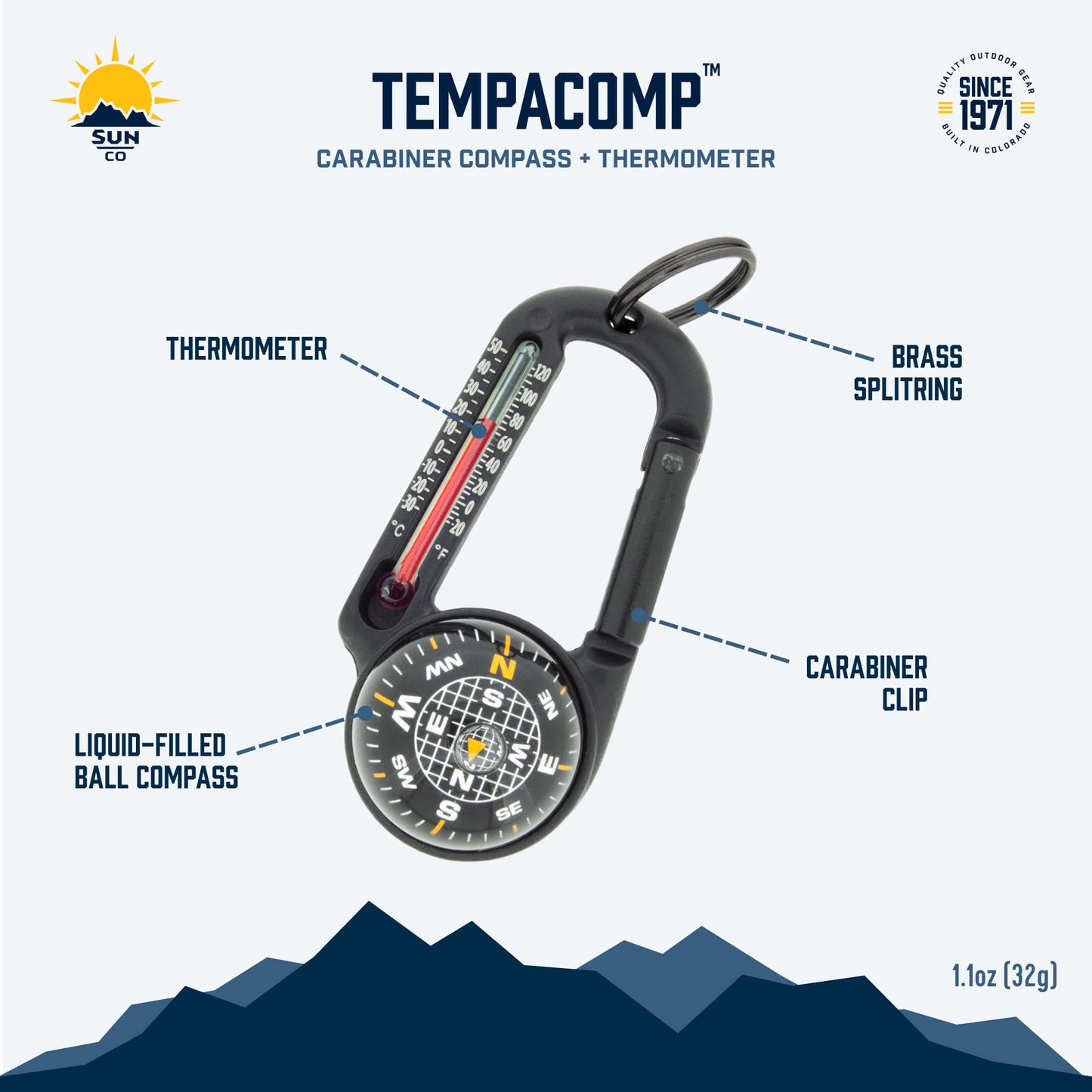 Sun Company TempaComp - Ball Compass and Thermometer Carabiner | Hiking, Backpacking, and Camping Accessory | Clip On to Pack, Parka, or Jacket