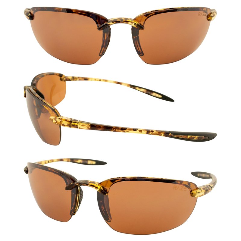 Raze Eyewear Lyte Frameless Sport & Motorcycle Riding Sunglasses Tortoise Frame w/Amber Lenses (Tortoise Gloss With Black Accents and Smoke Lens)