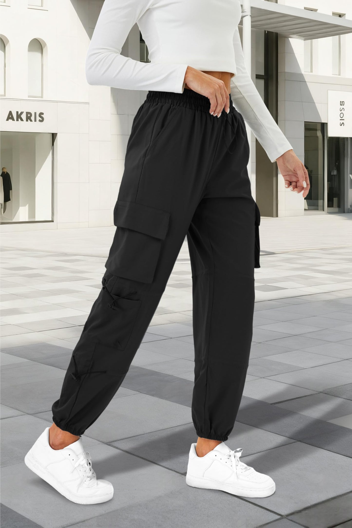 COPYLEAF Womens Parachute Cargo Pants with Pockets Quick Dry Hiking Pants Lightweight Water-Resistant Baggy Joggers(Black M)