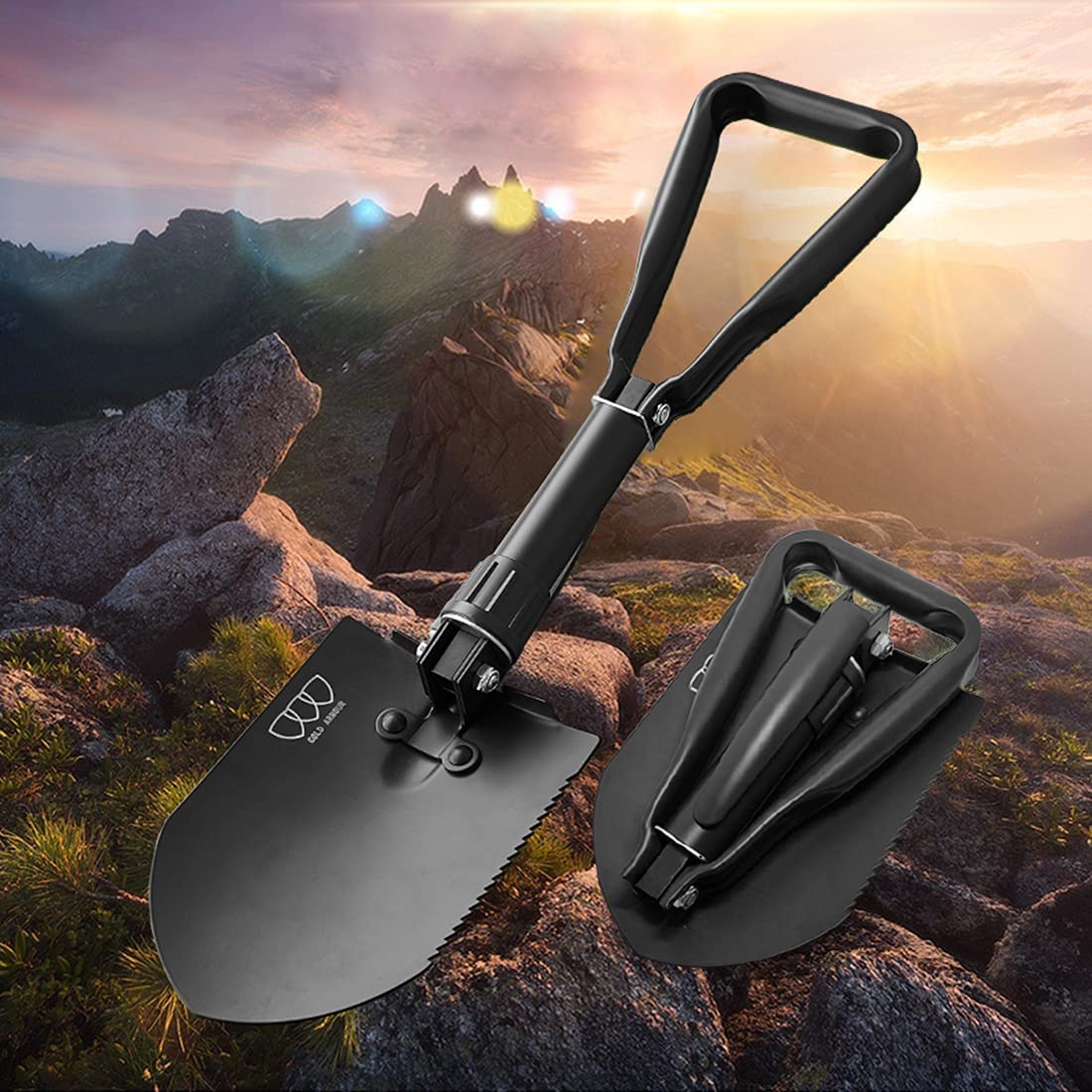 Military Folding Camping Shovel, High Carbon Steel Survival Shovel Entrenching Tool Handle with Carrying Pouch (Charcoal Black)