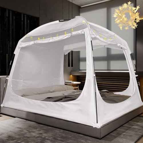 Bed Tent Bed Canopy Breathable 100% for Adult and Kids- Original Design Light Reduction 80% Sleeping Dream Tents Indoor Portable Big Space with String Light 3 Doors Twin Full Queen King Size