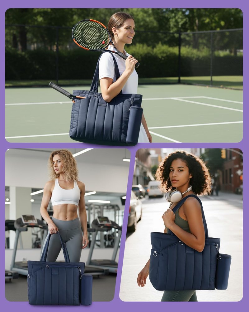Movker Quilted Tennis Bag for Women & Men, Large Tennis Tote with Shoe Compartment & Waterproof Wet Pocket, Fits 2-4 Rackets & 15.6" Laptop, Lightweight Gym Duffle Sports Bag with Fence Hook(Navy)