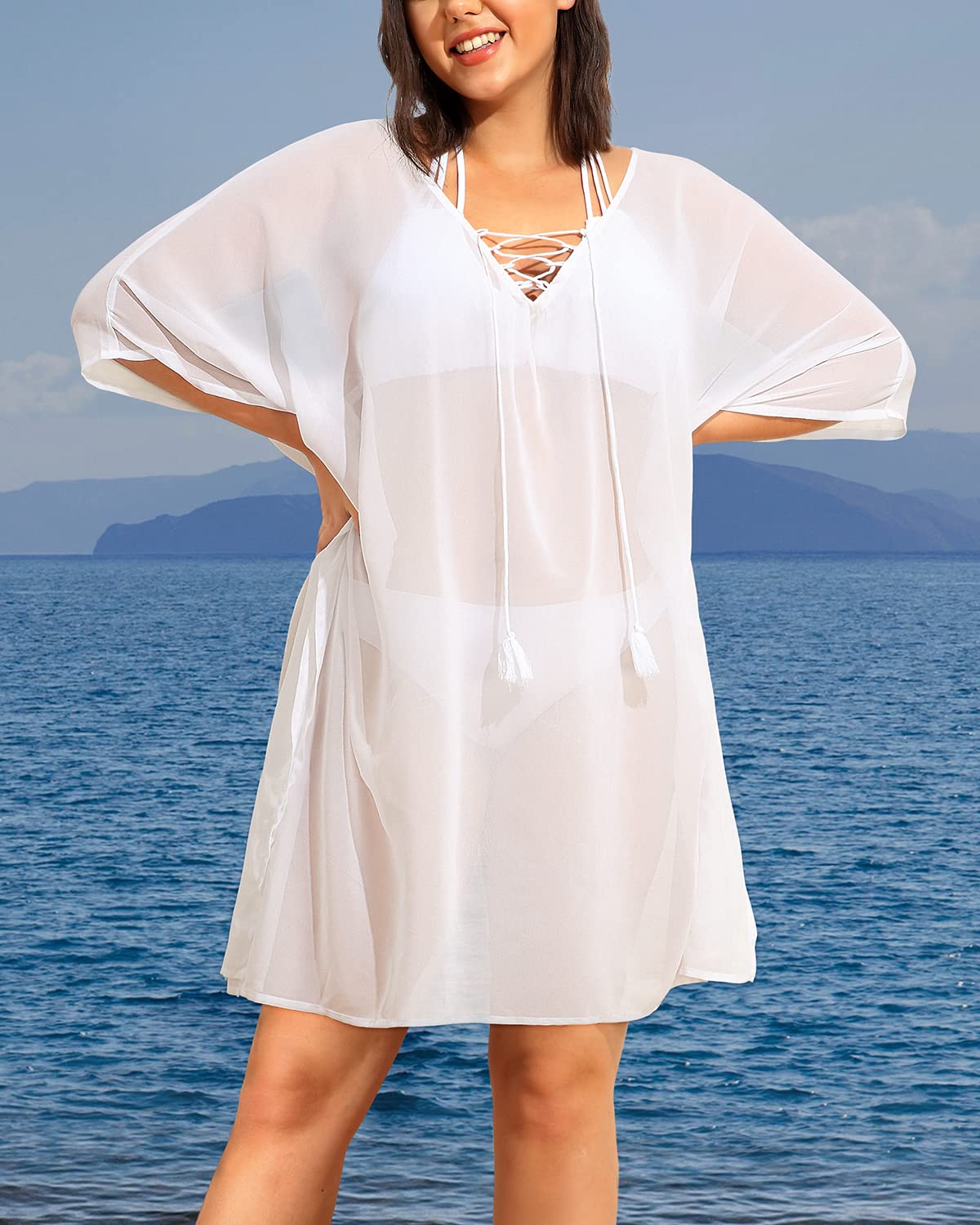 Pinup Fashion Plus Size Cover Ups Swimwear White Swimsuit Coverup Women Chiffon See Through Lace-Up Kaftan Cover Up Dress