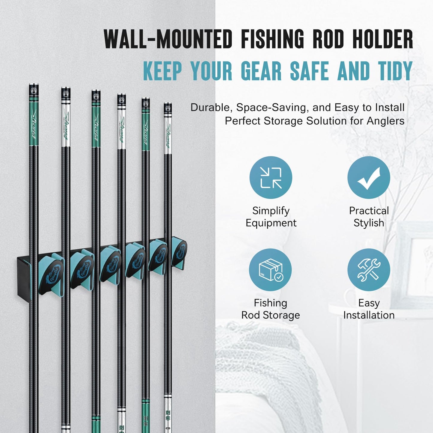 Tcakelox Vertical Fishing Rod Holder, Wall Mounted Fishing Rod Holder, Fishing Pole Rack Holds Up to 6 Rods or Combos, Fishing Rod Holders for Garage, Fits Most Rods of Diameter 3-19mm (1, Blue)