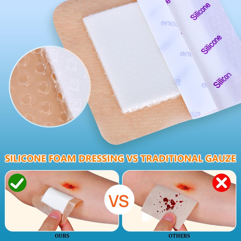 OUJEALEE Silicone Foam Dressing with Border - 5 Pack | Ultra-Gentle Skin Adhesive | Super Absorbent Wound Pad | Sterile & Waterproof | Pain-Free Removal for Sensitive Skin (5" x 5")