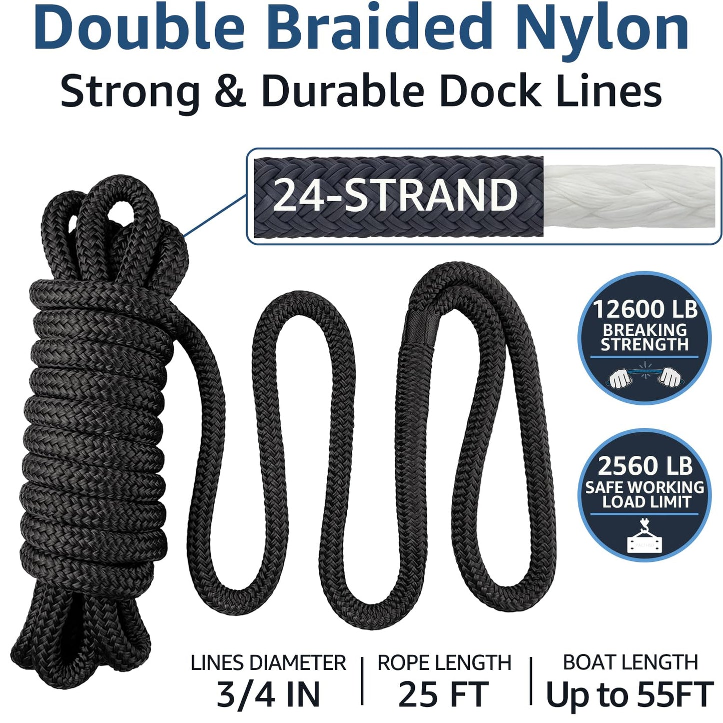 PACTHSD 2 Pack 3/4" x 25' Dock Lines - Marine Grade Nylon Boat Rope with 15" Loop for Docking and Mooring - Double Braided Boat Lines, High Strength, Easy Handling, Fray Resistant - Black