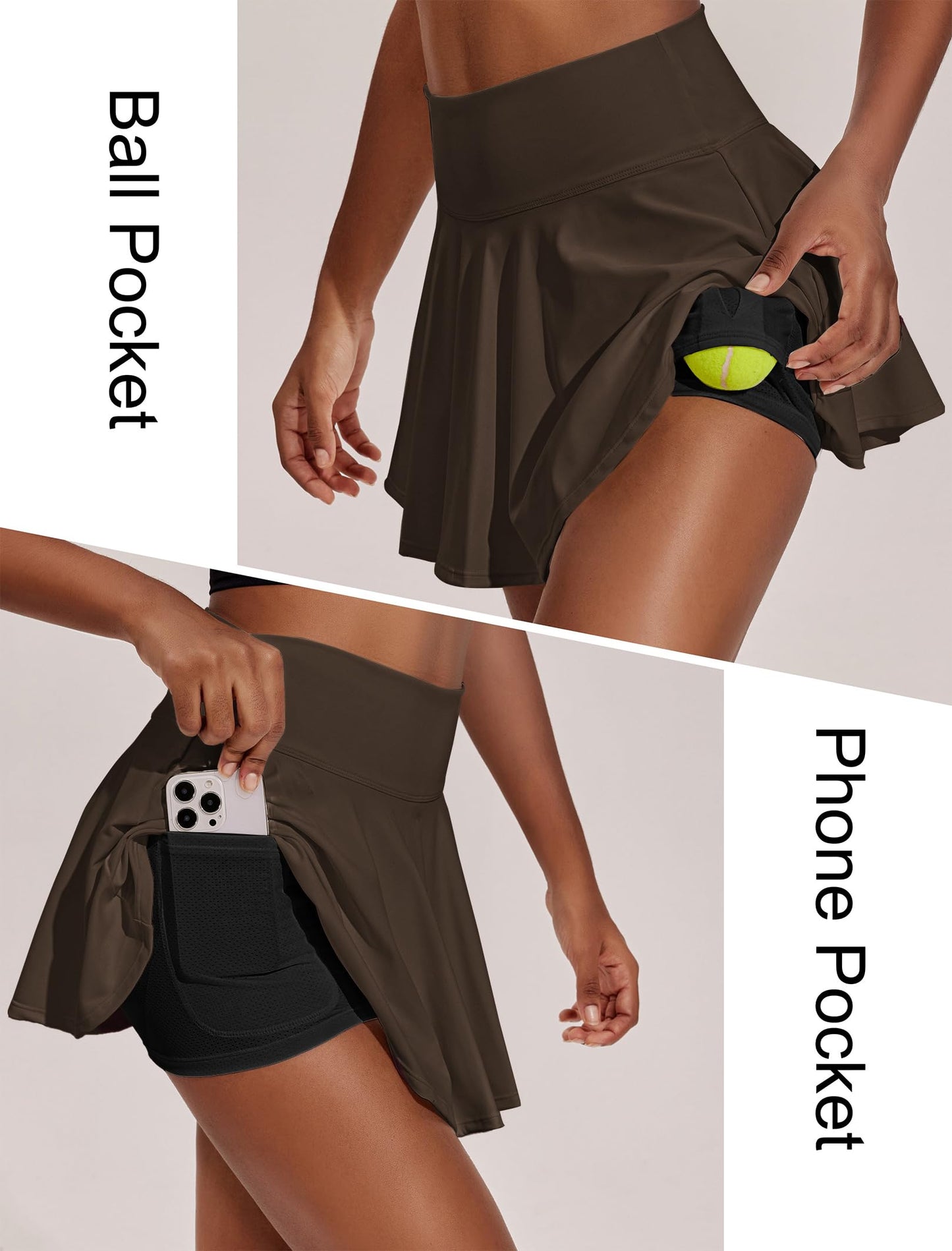 PINSPARK Tennis Skorts for Woman High Waisted Athletic Skirt with Shorts Underneath Pleated Pickleball Skirts, Espresso Brown XL