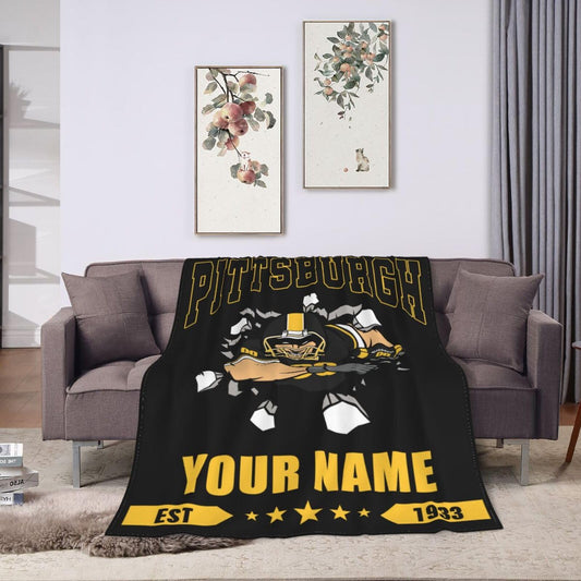 Personalized Pittsburgh Blanket with Name Number Custom Football Throw Blankets Customized Flannel Blanket Fan Gifts for Men Women Boy Decor for Couch, Bed, Sofa 30"x 40",40"x50", 50"x60", 60"x80"