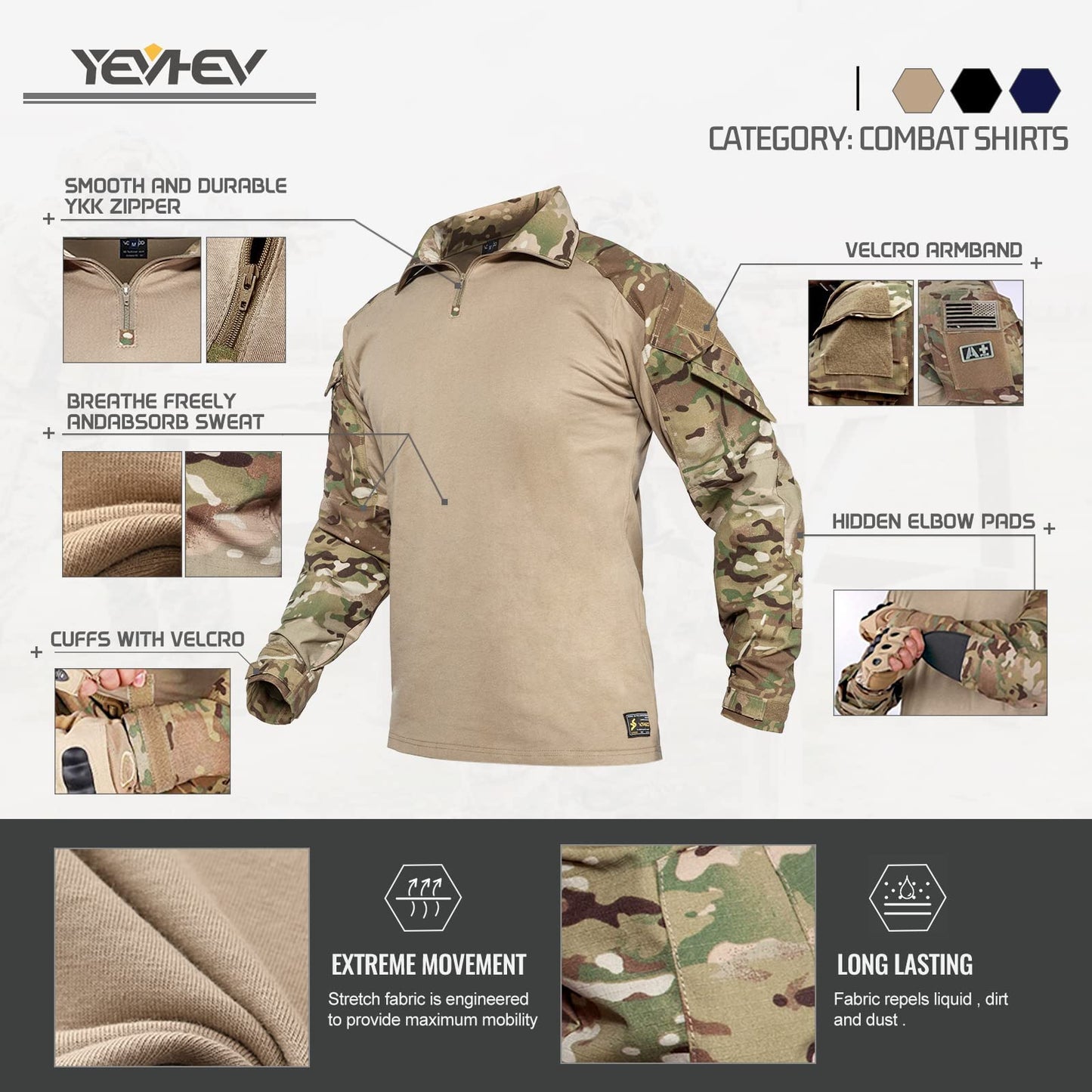 YEVHEVE G3 Camouflage Shirt with Elbow Pads for Men Tactical Hunting Uniform Paintball Gear