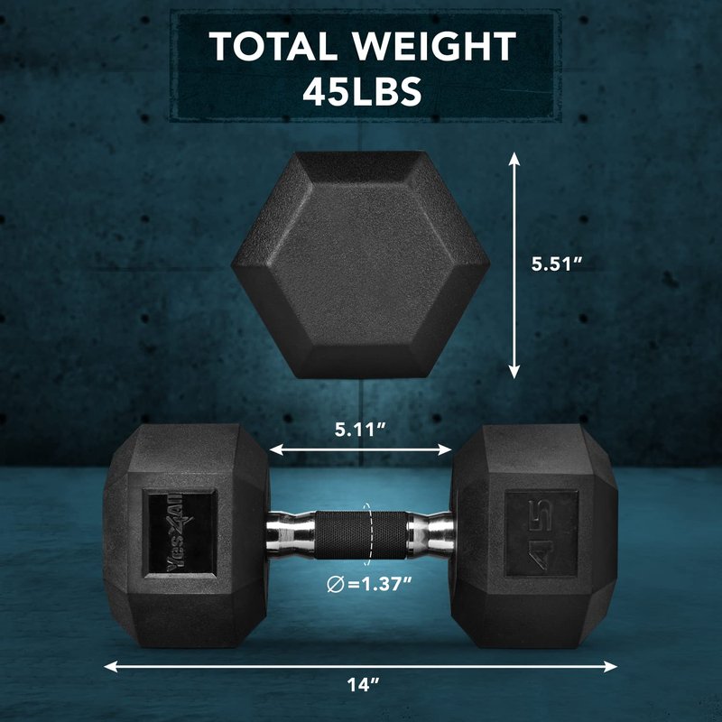 Dumbbell Hex- Rubber Grip - 45lbs