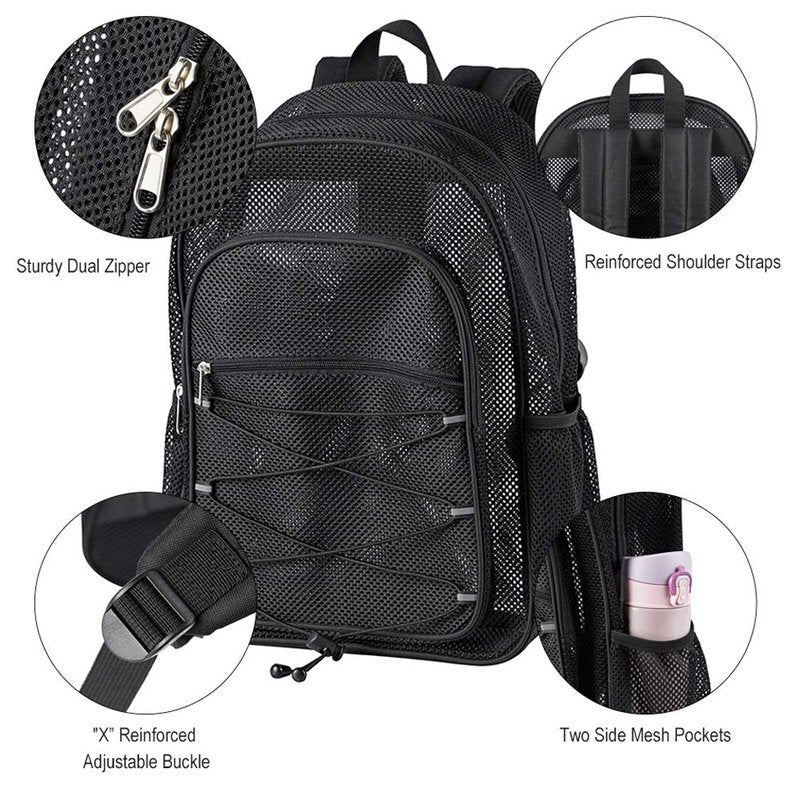 COVAX Heavy Duty Mesh Backpack, See Through College Backpack, Semi-transparent Mesh Bookbag with Bungee and Comfort Padded Straps for Commuting, Swimming, Beach, Outdoor Sports