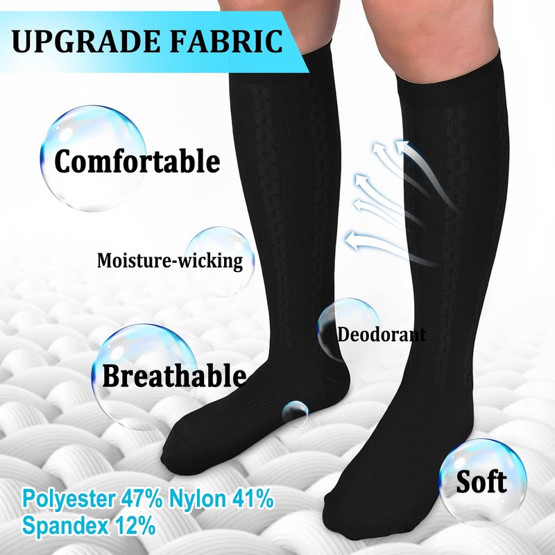 Hi Clasmix 30-40mmHg Medical Graduated Compression Socks for Women&Men Circulation-Compression Stockings-Knee High Socks for Support,Hiking,Running(2 Pack Black,S-M)