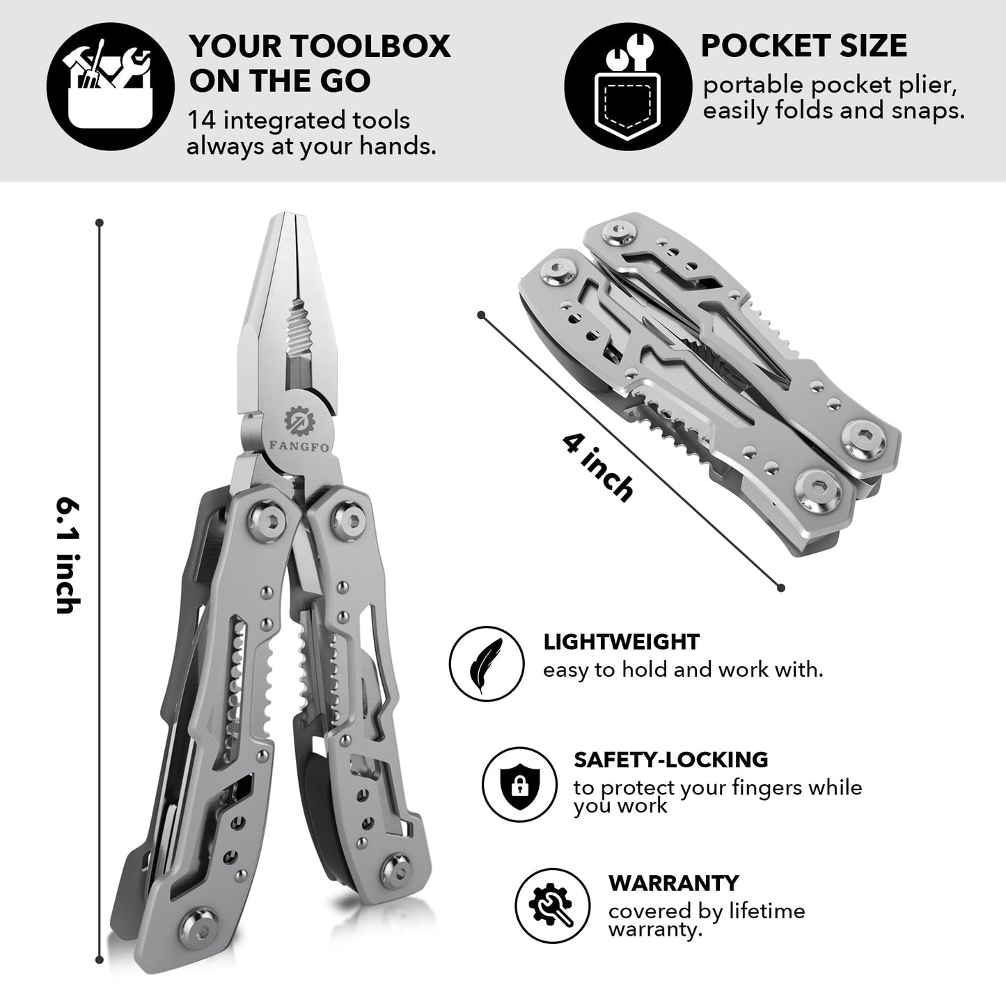 14-In-1 Multitool Pliers，Premium Portable Multi Tool ，with Safety Locking Professional Stainless Steel Multitool Pliers Pocket Knife,Apply to Survival, Camping, Gifts for Dad Husband Boyfriend