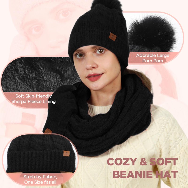 Womens Beanie Hat Infinity Scarf Touchscreen Gloves Fleece Headband 4 in 1 Winter Clothes Set Gifts for Women Black