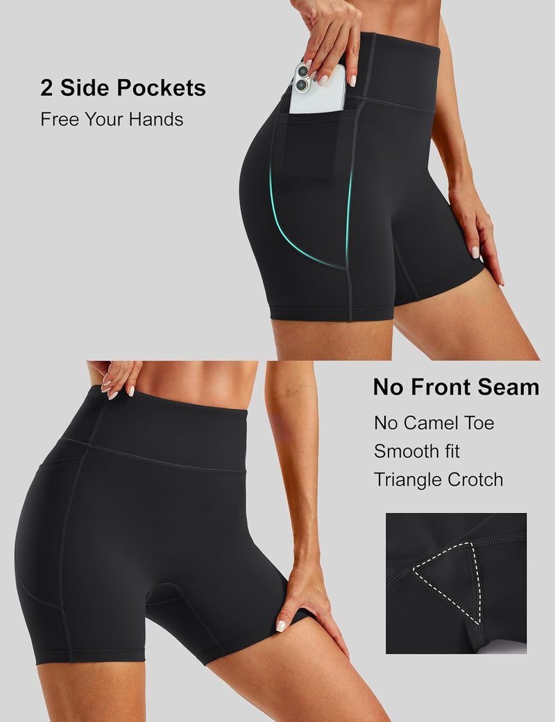 Women's 5-Inch Biker Shorts with Pockets - No Front Seam Compression for Yoga & Running