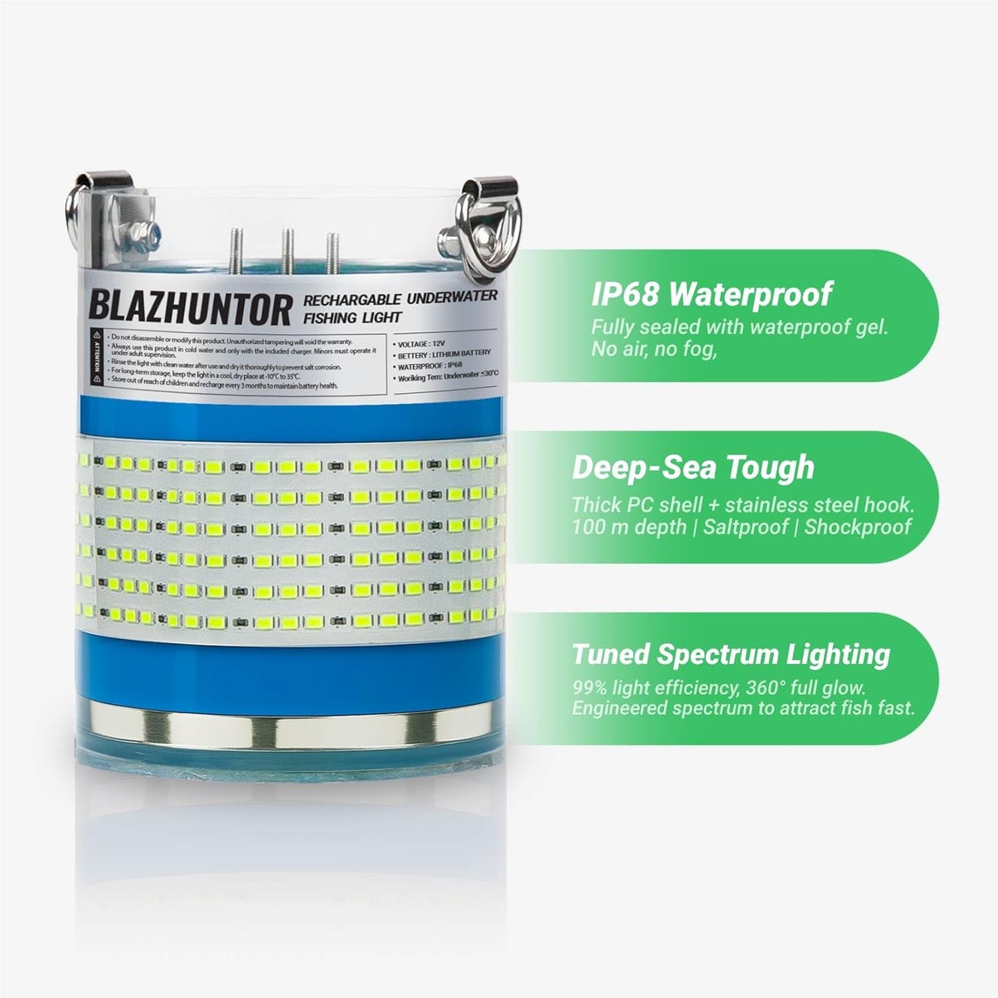 Rechargeable Underwater Fishing Light - Auto On in Water, 16000lm Brightness | IP68 Waterproof, Cordless for Night Fishing