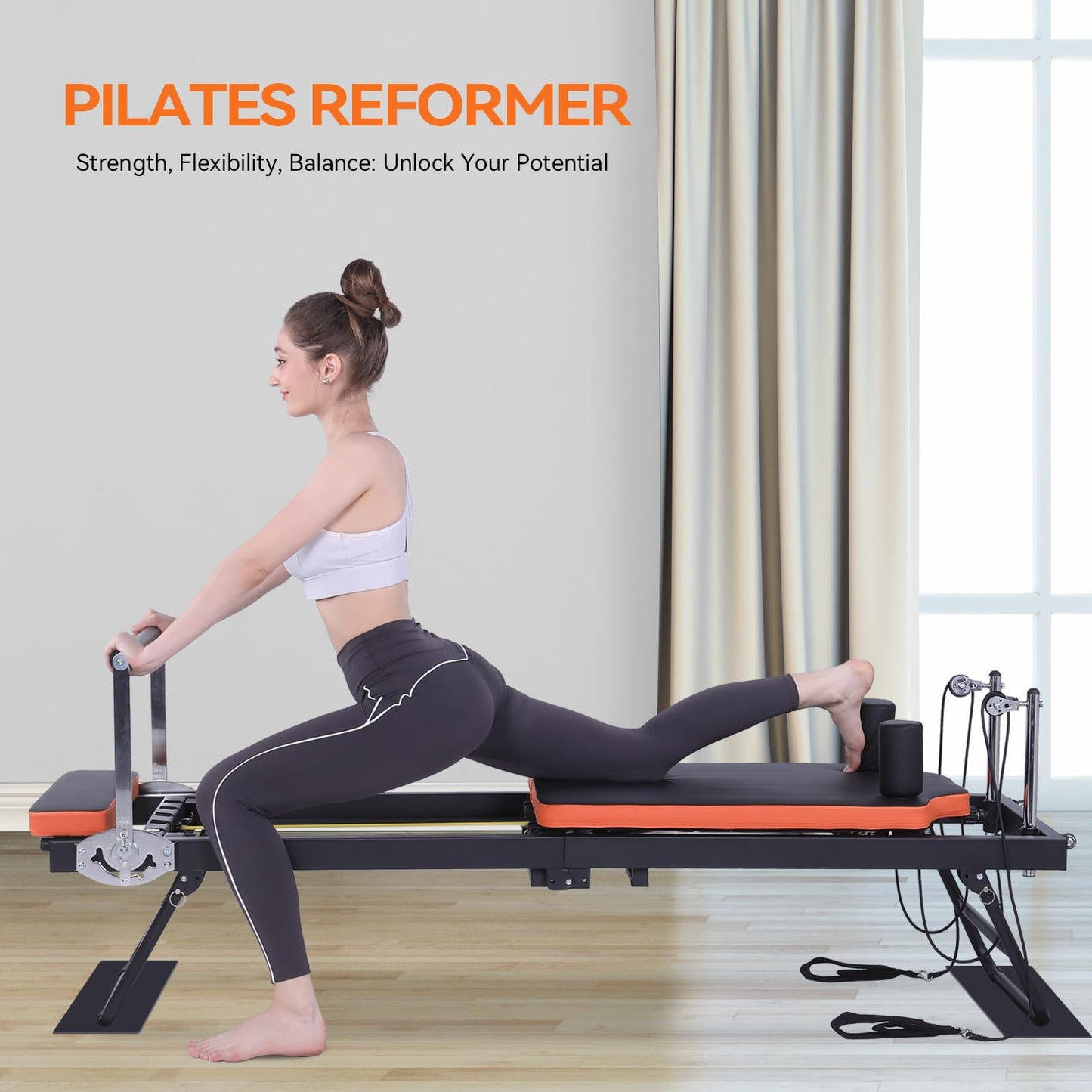 Ntoaujao Pilates Reformer, Foldable Pilates Machine for Home Gym Workout, Pilates Equipment Set with 4 Resistance Springs & 5 Cords, Suitable for Beginners & Advanced Users, Up to 250 lbs Weight