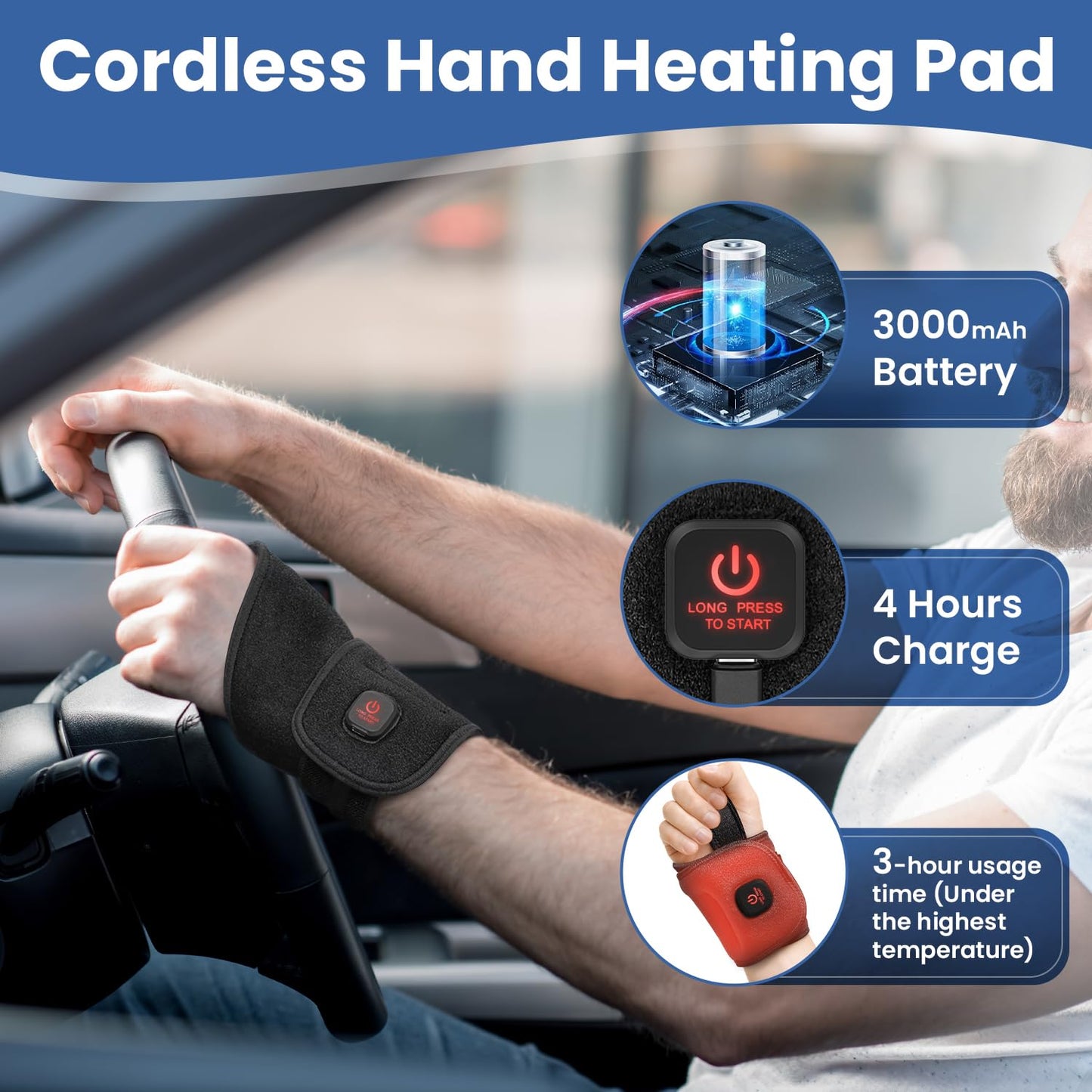 Auccipal Wrist Heating Pad, Heated Wrist Wrap for Arthritis Carpal Tunnel Tenosynovitis Relief, 3 Temperature Levels with 3000 mAh Rechargeable Battery (Black)