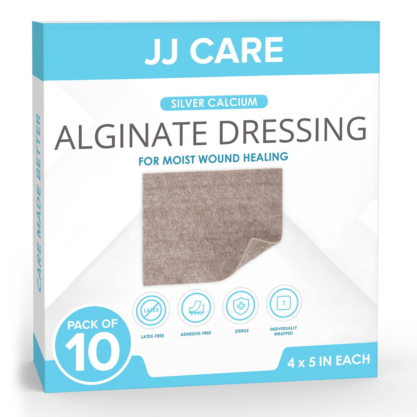 JJ CARE Silver Calcium Alginate Wound Dressing (Pack of 10) 4x5, Silver Alginate Wound Dressing Individually Packed, Highly Absorbent Non-Adherent Bandages for Wound Care
