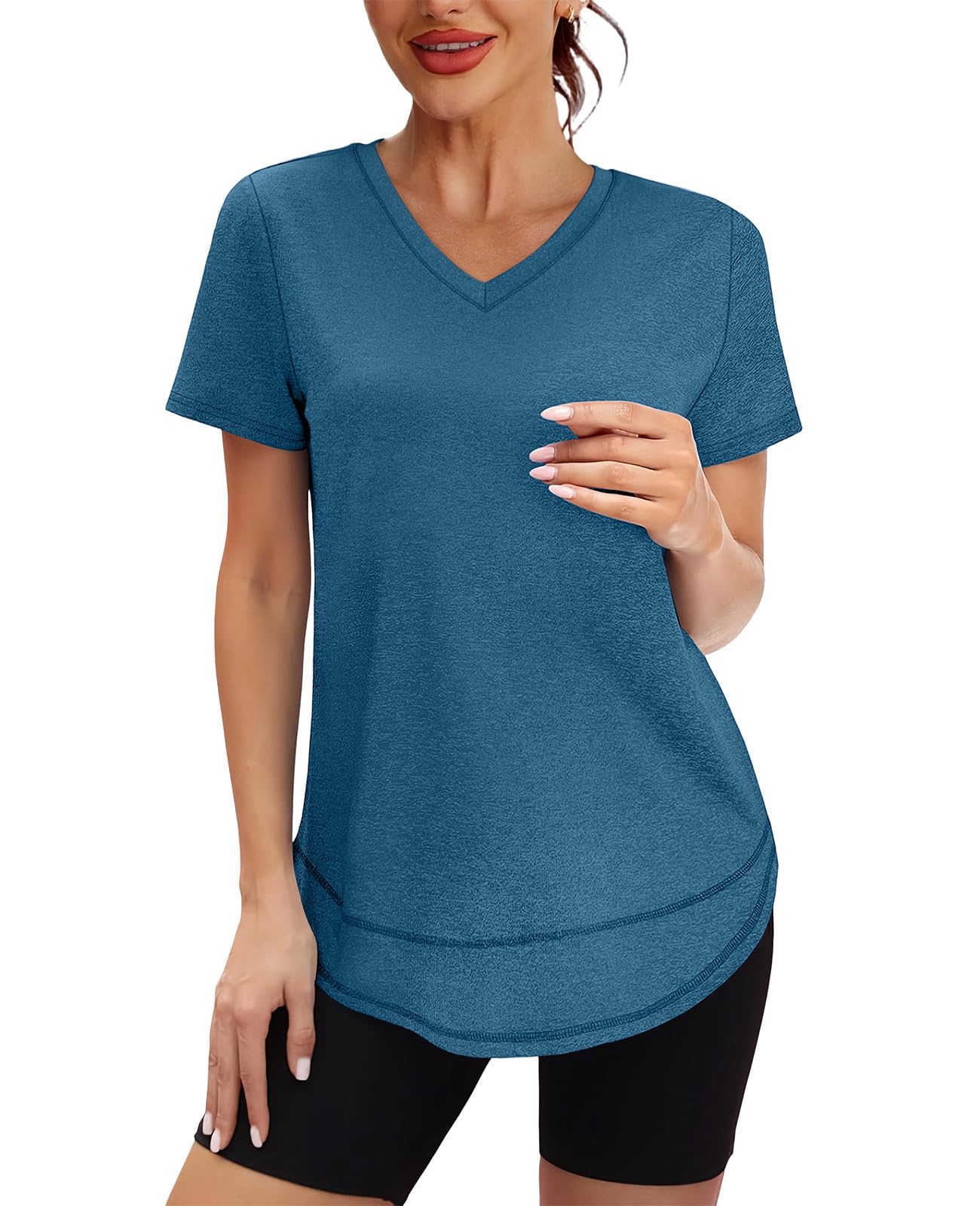 Workout Tops for Women Spring Summer Short Sleeve Golf Outfits Gym Essentials Activewear Running Shirts V Neck Blue Green S