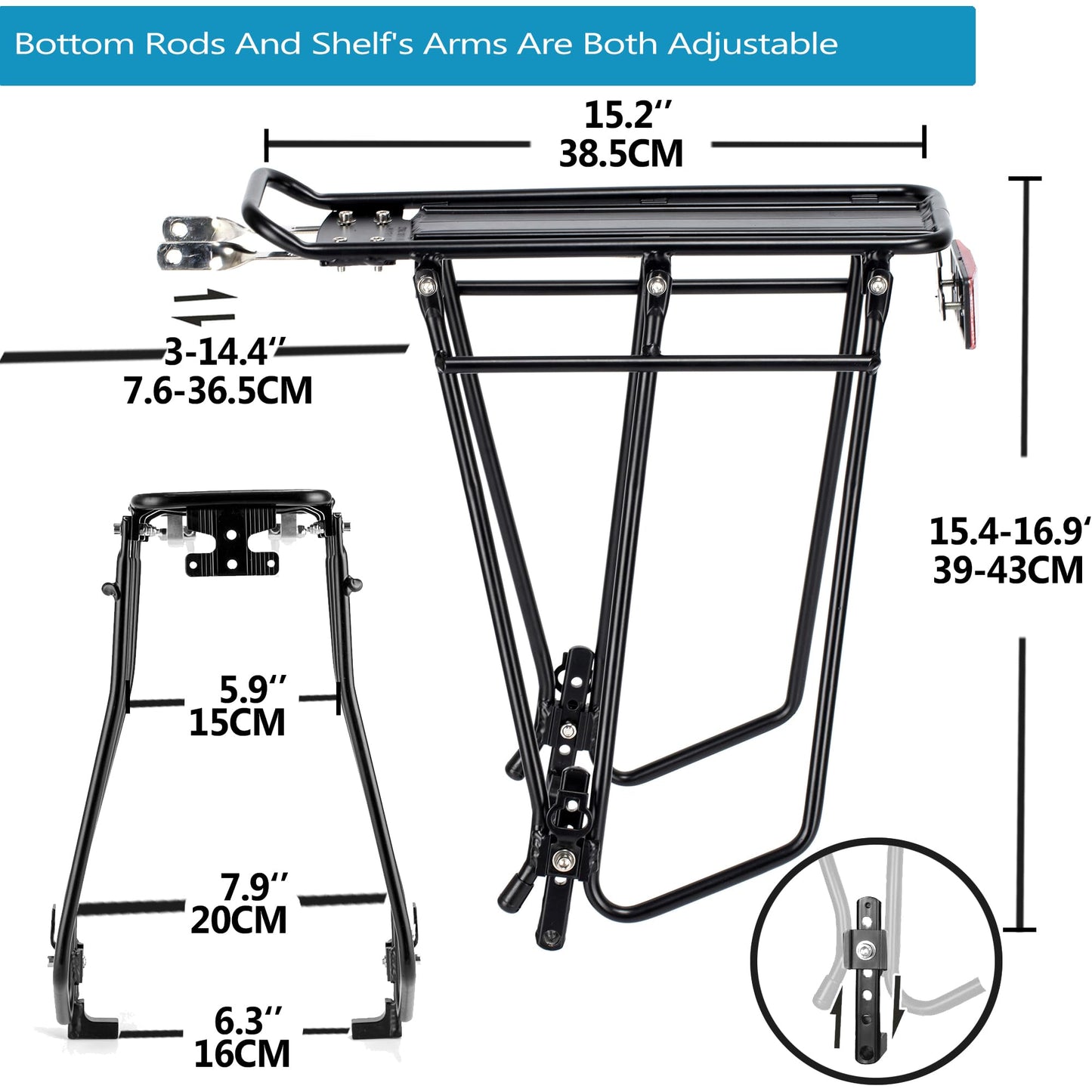 YONTUO Rear Bike Rack with Extra Long Shelf's Arms,Universal Bike Cargo Rack,Bicycle Pannier Rack with Reflector and Cargo Net,Touring Carrier Rack fit 26”-29” and 700c,BCR03