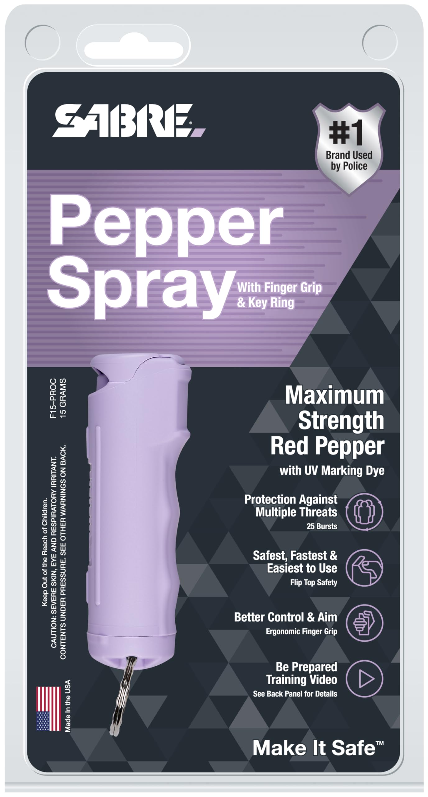 SABRE Pepper Spray with Fast Flip Top, Maximum Police Strength OC Spray, Key Ring for Easy Carry and Fast Access, Finger Grip for More Accurate and Faster Aim, 0.54 fl oz, Secure and Easy to Use