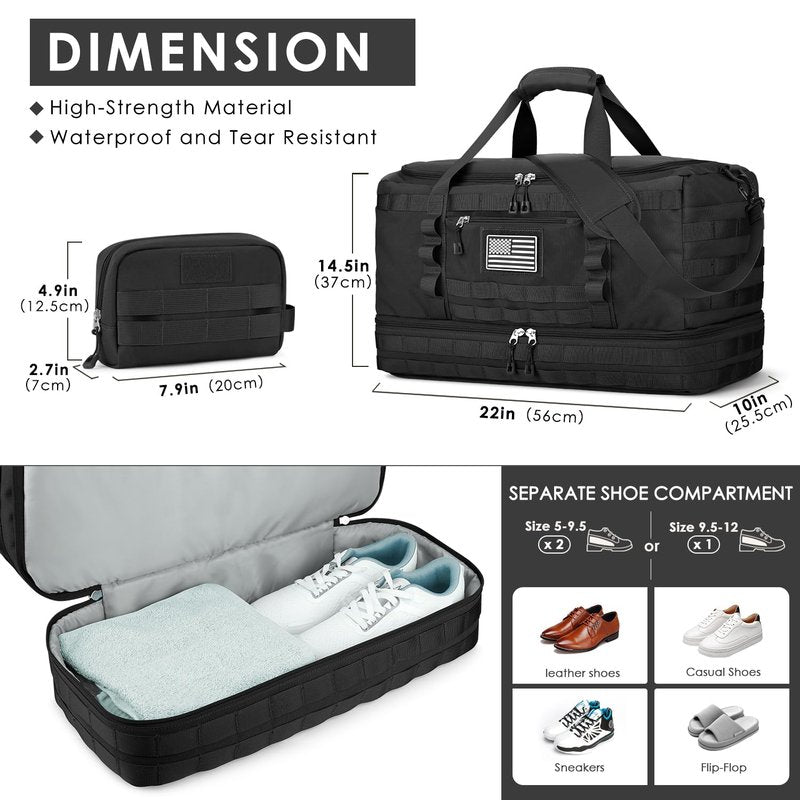 ETRONIK Travel Bag for Men Women, Gym Bag & Tactical Duffle Bags for Travel, Carry on with Toiletry Bag and Shoe Compartment, Weekender Overnight Trip with Wet Pocket for Workout Medical, Black