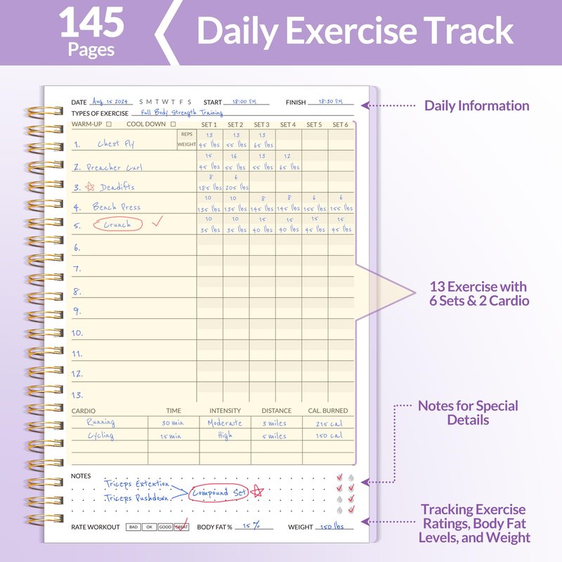 Fitness Journal Workout Planner for Women & Men, A5 (6.4" x 8.3") Workout Journal Log Book Planner Gift for Track Gym Essentials, Home Workouts, Track Progress, Achieve Wellness Goals, Purple