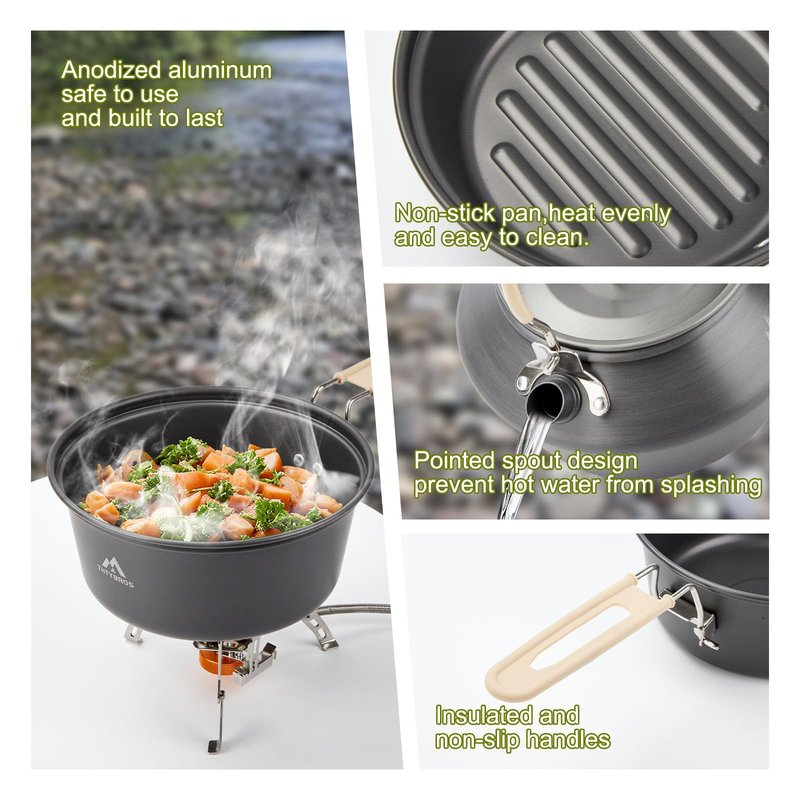 15pcs Camping Cookware Kit,Camping Cookware Mess Kit with 3500W Stove,Pot,Pan,Kettle Set with Stainless Steel Cup,Forks Knives Spoons for Hiking,Camping,Outdoor Cooking and Picnic