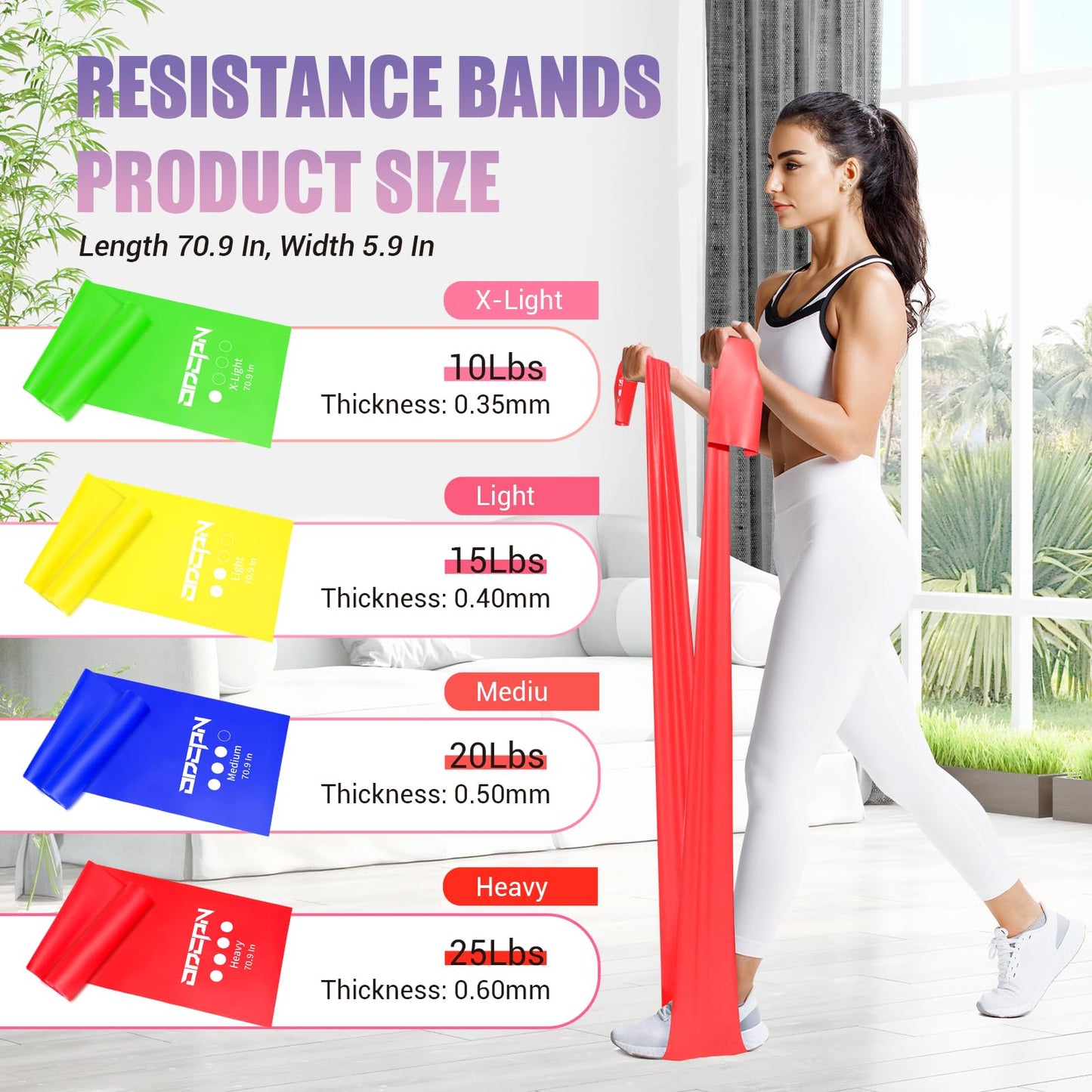 Resistance Bands for Physical Therapy Women, Extended 5.9FT Exercise Stretch Bands for Yoga, Pilates, Rehab, Fitness and Strength Training, Elastic Workout Bands with Training Poster