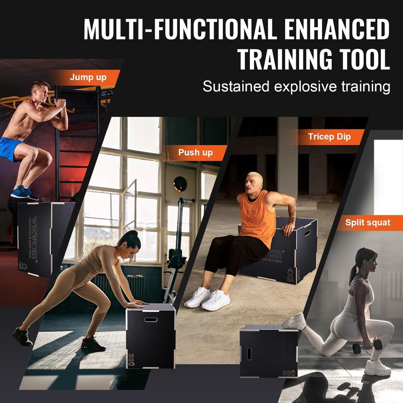 VEVOR 3 in 1 Plyometric Jump Box, Easy-to-Assemble Wood Plyo Box for Jumping Trainers, Home Gym Training and Conditioning, 30" x 24" x 20"