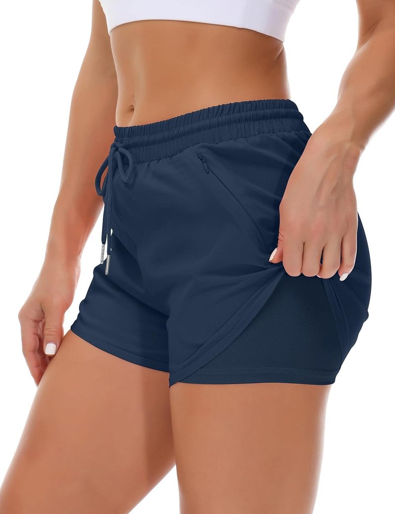 Women's Running Shorts with Liner - 3 Zipper Pockets, Elastic Athletic Gym & Yoga Shorts