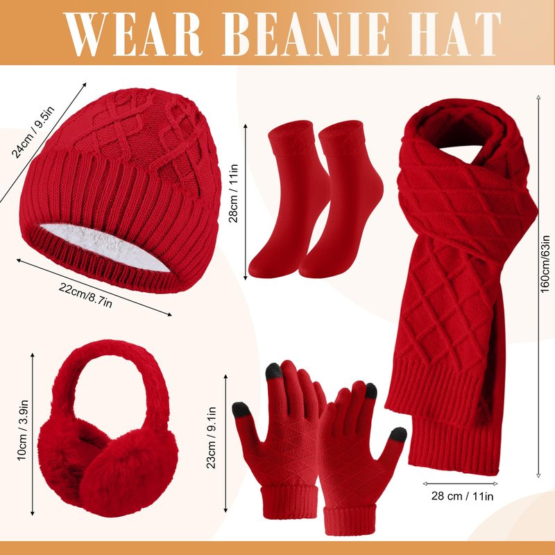 Geyoga 6 Pcs Winter Warm Set for Women Warm Beanies Hats Touchscreen Gloves Long Scarf Ear Muffs Socks Winter Gifts for Women(Red,Argyle)