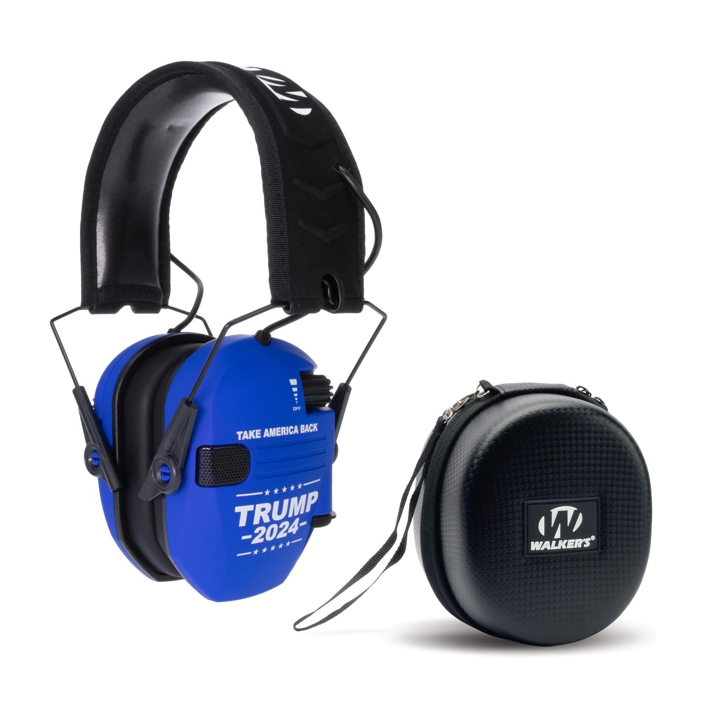 Walker's Razor Slim Shooting Earmuffs-Take America Back Series (Trump 2024, Blue) Bundle with Hearing Protective Case