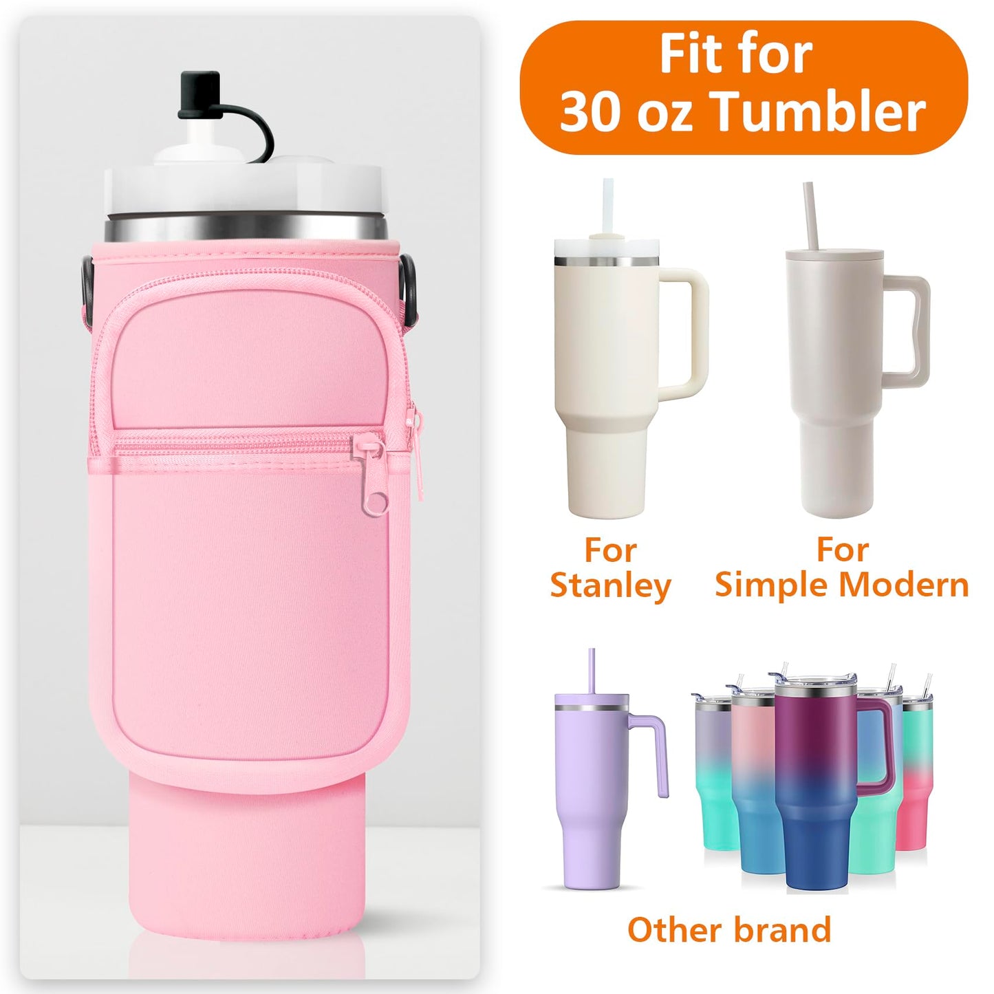 Sleeve Bag with Strap for Stanley 30 oz Tumbler with Handle & Simple Modern 30oz Travel Coffee Mug - Water Bottle Sling Holder for Stanley Cup Accessories with Paracord Handle & Straw Cover-Pink