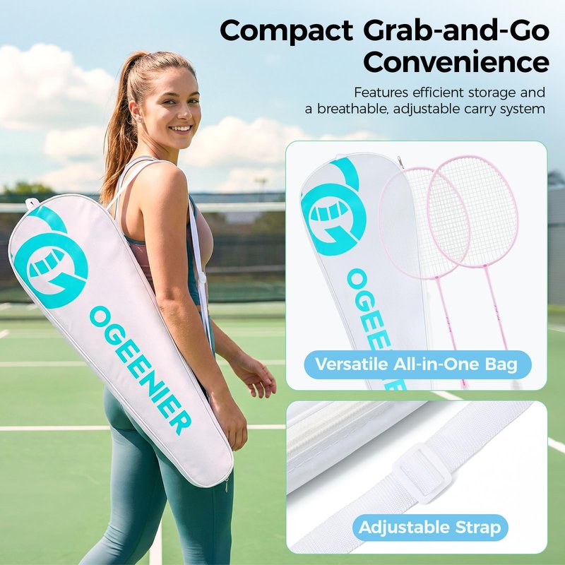 OGEENIER Badminton Rackets Set of 2, Lightweight Badminton Racquet Set for Backyards and Outdoor Games, Includes 2 Nylon Birdies, 2 Badminton Grips, 1 Carrying Bag