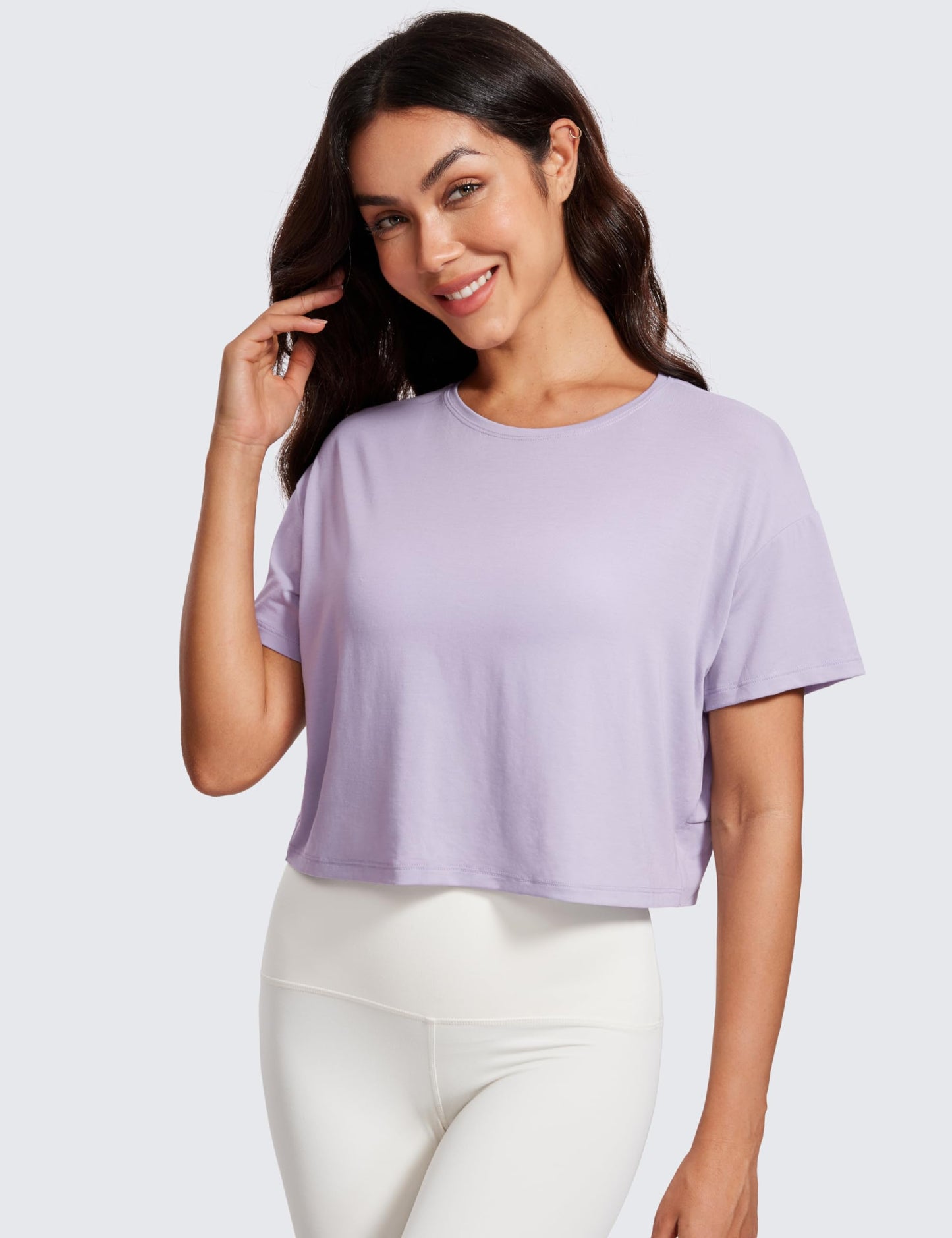 CRZ YOGA Open Back Short Sleeve Crop Top for Women Loose Athletic Yoga Workout Tops Casual Cropped Tee Shirts Lilac Lavender Small