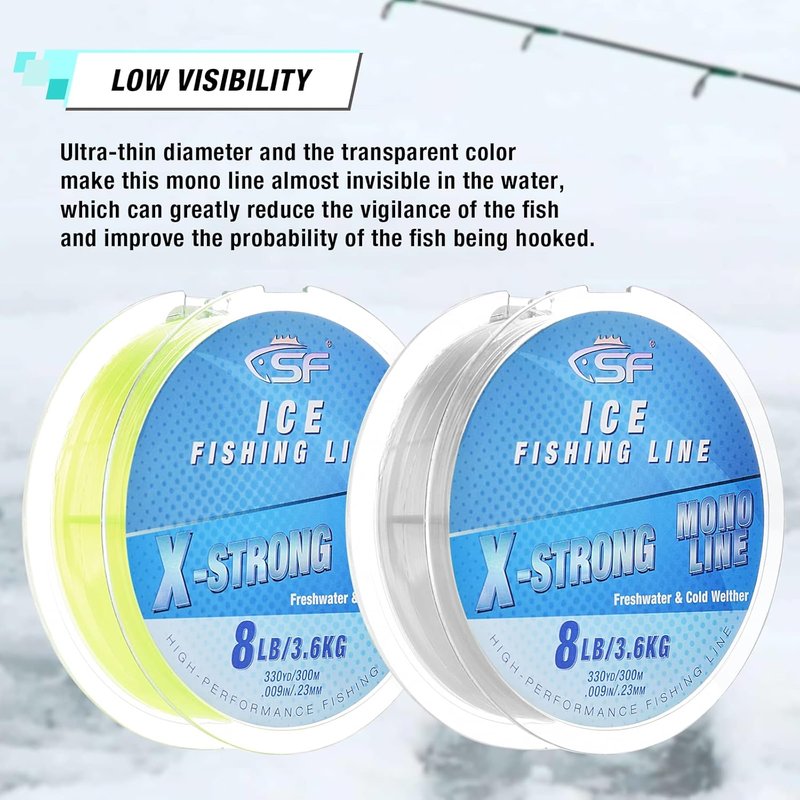 Monofilament Ice Fishing Line - X-Strong Clear & Fluor Green | 3/4/6/8LB 330YD/300M