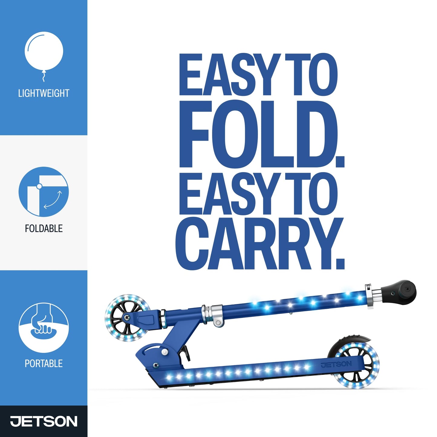 Jetson Scooters - Jupiter Kick Scooter (Blue) - Collapsible Portable Kids Push Scooter - Lightweight Folding Design with High Visibility RGB Light Up LEDs on Stem, Wheels, and Deck