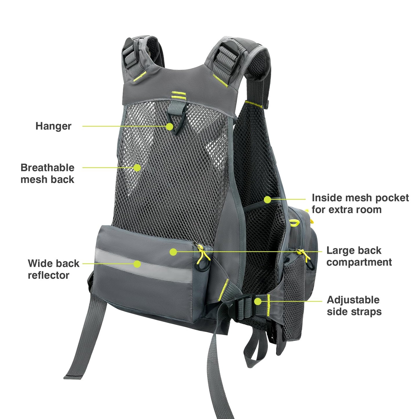 Gonex Fly Fishing Vest for Men Women, Comfortable Adjustable Fishing Vest with Multi-Pockets Reflective Stripes, Gray+Yellow