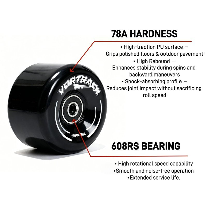 VORTRACK 78A Quad Roller Skate Wheels 8 Pack 65x36mm with ABEC-9 Bearings Installed - Smooth Quiet Urethane Wheels for Indoor Outdoor Double Row Roller Skating, Replacement Accessories (Black)