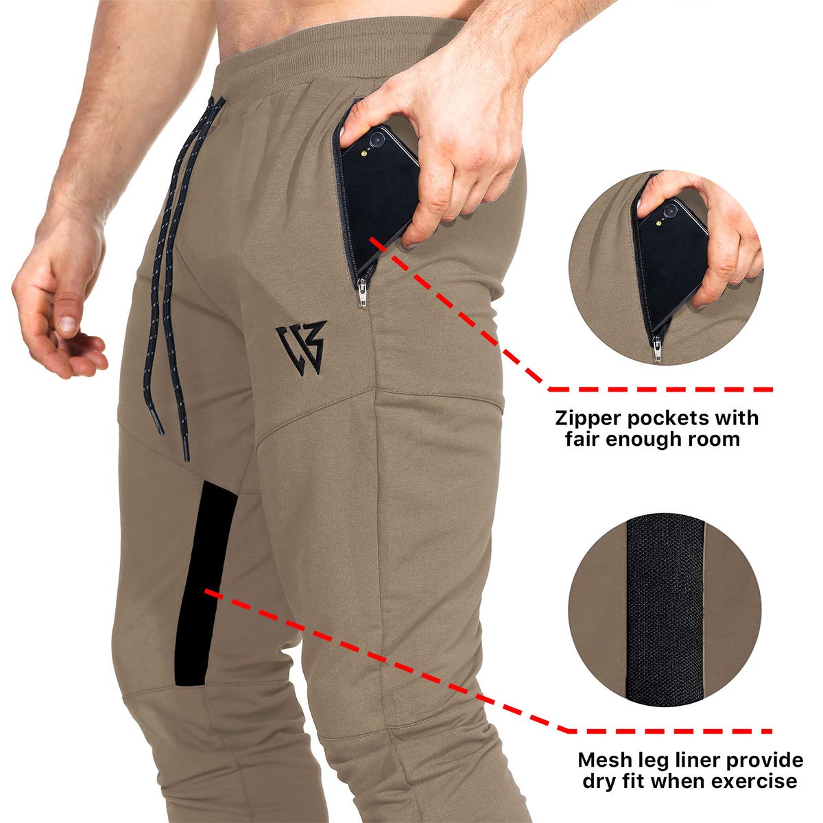ZENWILL Mens Tapered Workout Running Pants,Gym Jogger Training Sweatpants Slim Fit with Zip Pockets (Medium, Beige)