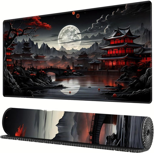 Full Moon Gaming Mouse Pad - Large Black & Red Desk Mat for Laptops | 11.8 x 31.5 in Extended Size