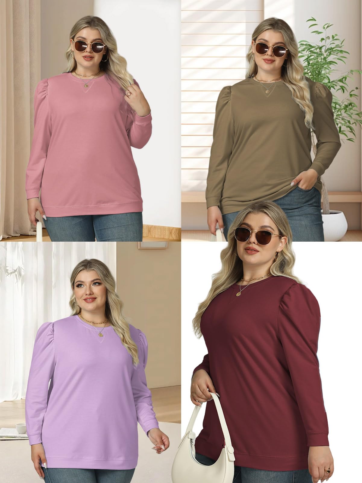 DOLNINE Puff Sleeve Tops for Women Trendy Crewneck Winter Puff Sleeves Dressy Shirts Navy Bue 2XL