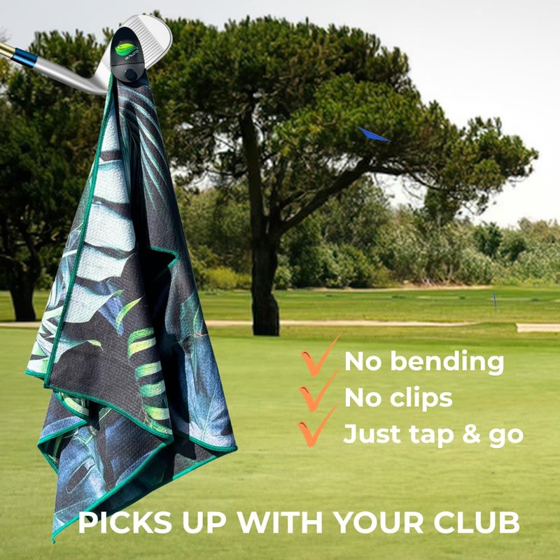 Malo'o Magnetic Golf Towel Set (2-Pack) – Strong Magnet Picks Up with Club – Premium Microfiber Waffle Towels for Golf Bag & Cart – Keeps Towel Off Ground, Always Within Reach